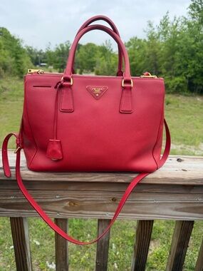 Prada Red Saffiano Leather Satchel with Gold Hardware